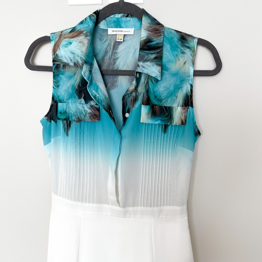 Waggon Paris | Maxi Tropical Summer Spring Dress White Turquoise M - Picture 15 of 17